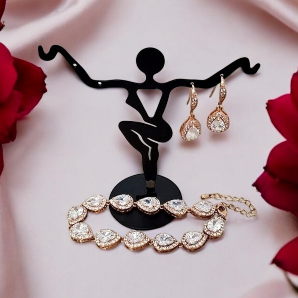 Rose Gold Plated 2 Pc Crystal Earrings & Bracelet Jewelry Set